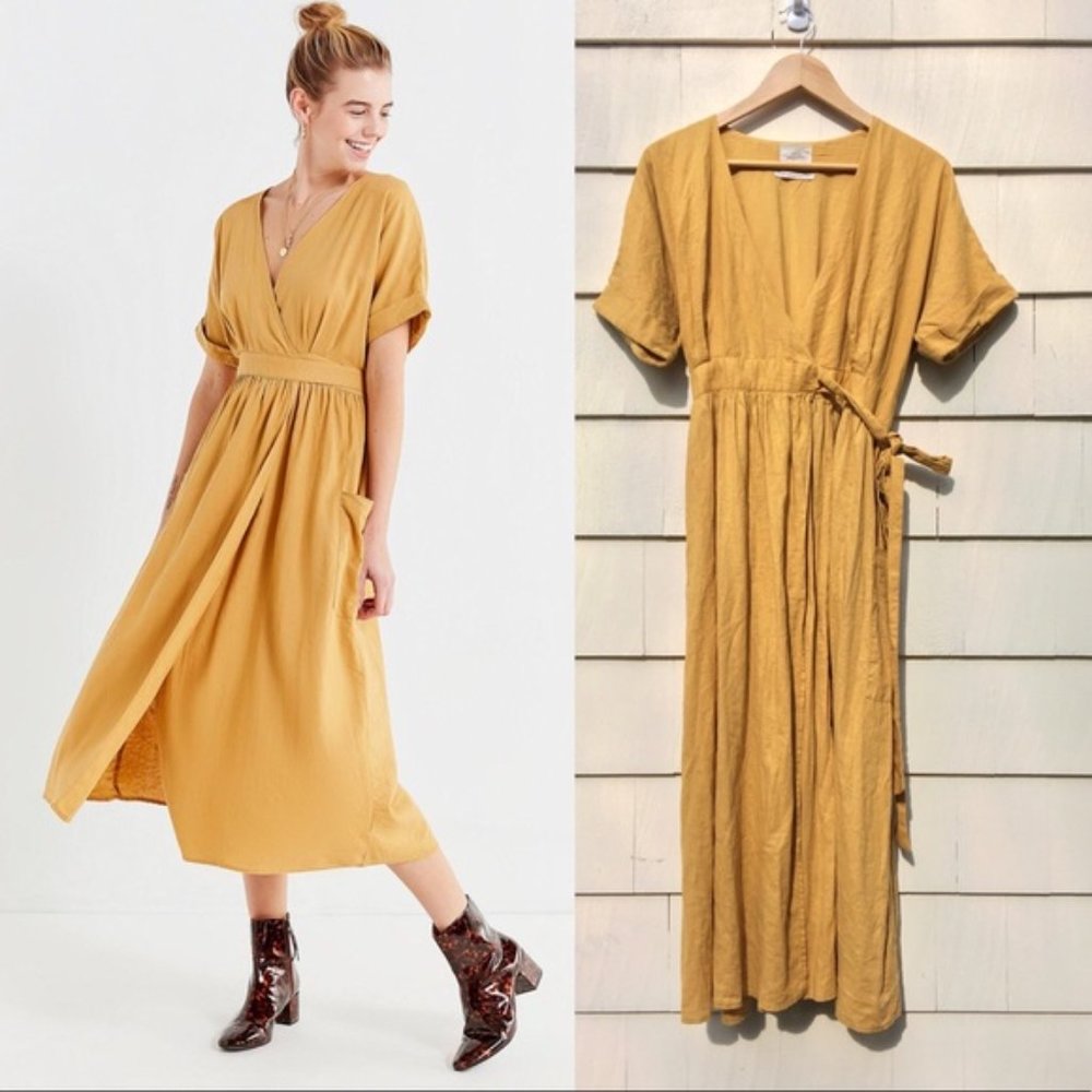 UO Gabrielle linen midi wrap dress in Gold/Yellow